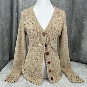 BCBGMAXAZRIA Beige Knit Crochet Button Front Cardigan Sweater Women's M Boho